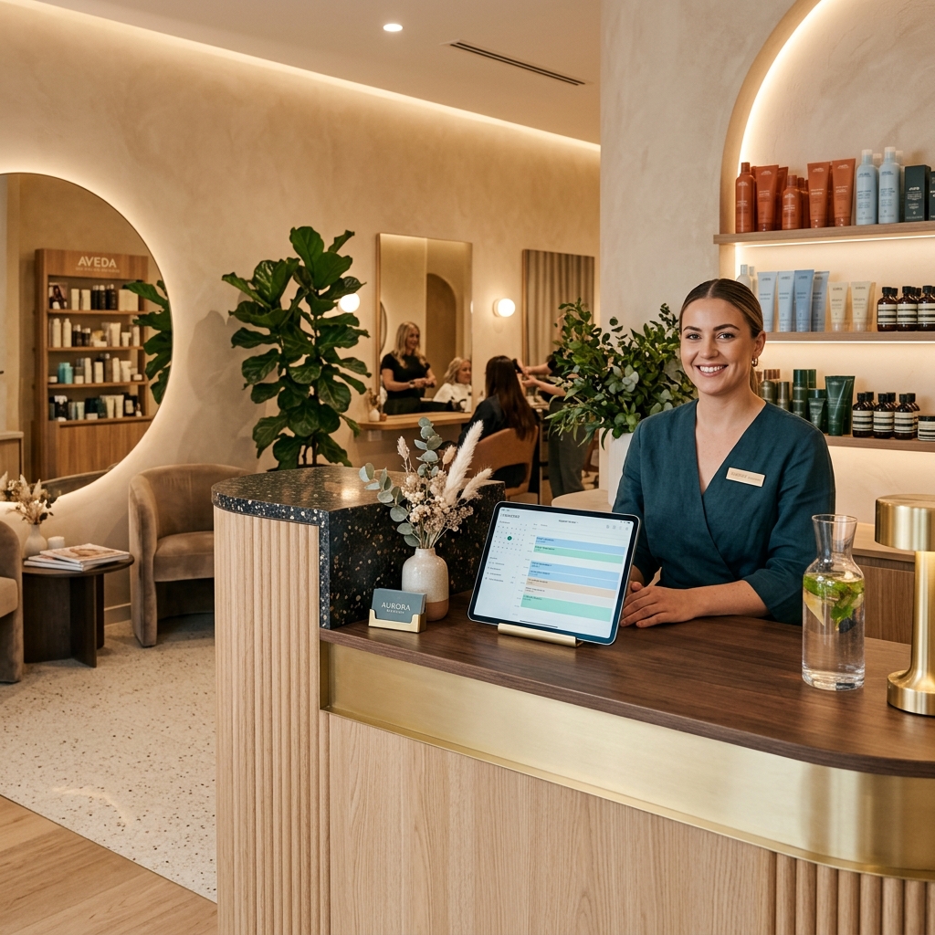 Luxury spa reception desk with a modern tablet displaying reservation calendar